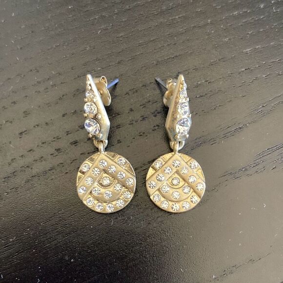 Matte Gold Mini Drop Disc Earrings with Crystals - Picture 1 of 2